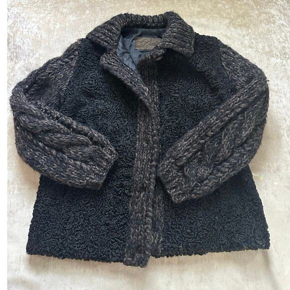 Vintage Persian lamb cable knit sleeves wool jacket coat vest black woman SZ L - Picture 11 of 16